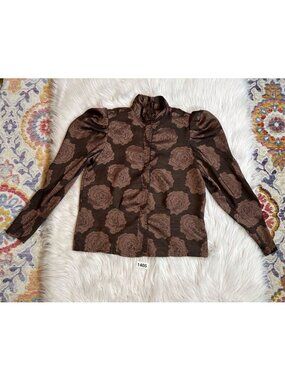 Vintage 90s Womens Blouse SM Brown Floral Long Sleeve Puff Mock Grannycore Chic